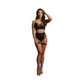 Le Desir Bliss 2-Piece Fishnet Bra & Gartered Panty Set Black O/S - Fantasies Boutique