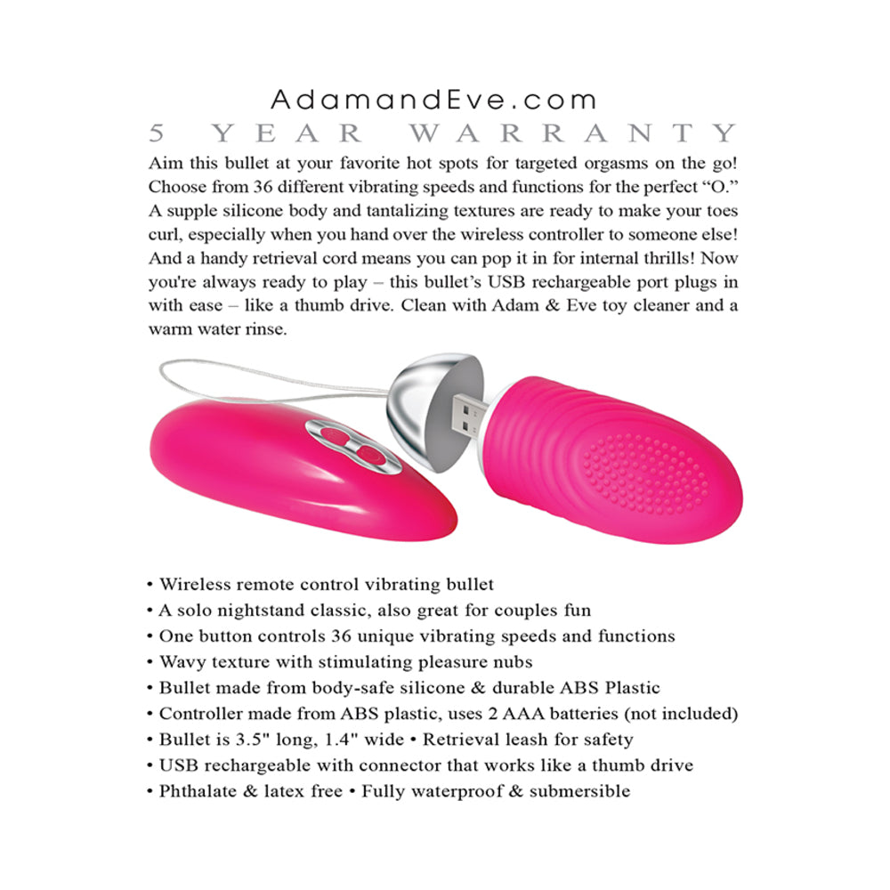 Adam & Eve Turn Me On Love Bullet Rechargeable Remote-Controlled Silicone Egg Vibrator Pink - Fantasies Boutique