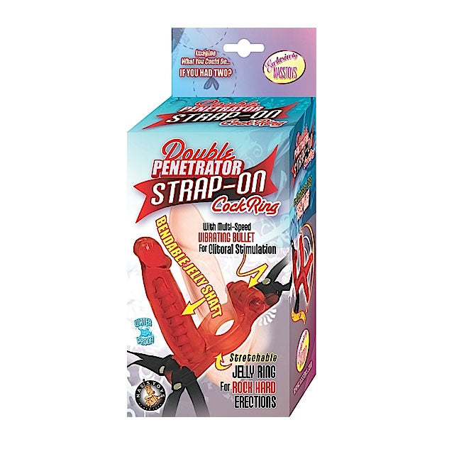 Double Penetrator Vibrating Strap-On Cockring (Red) - Fantasies Boutique