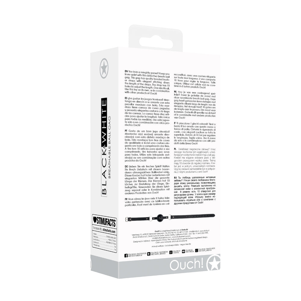 Ouch! Black & White Breathable Ball Gag With Bonded Leather Straps Black