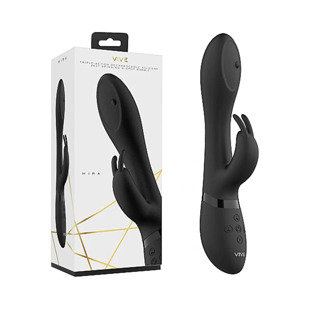 VIVE MIRA Rechargeable 360° Spinning Silicone Rabbit Vibrator Black - Fantasies Boutique