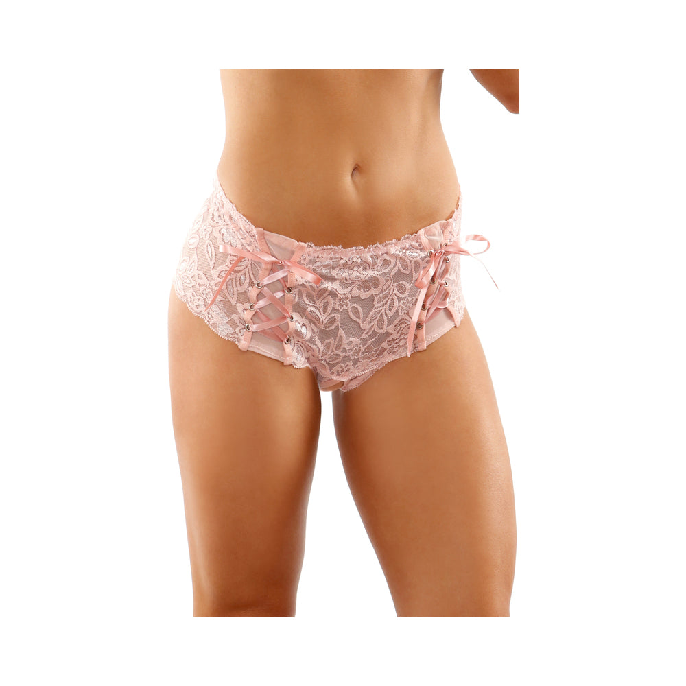 Magnolia Crotchless Lace Boyshort With Lace-Up Panel Details Light Pink S/M - Fantasies Boutique