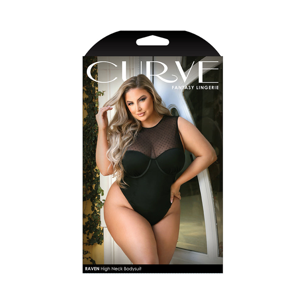 Fantasy Lingerie Curve Raven High-Neck Bodysuit With Back Cutout & Snap Closure Black XL/2XL - Fantasies Boutique