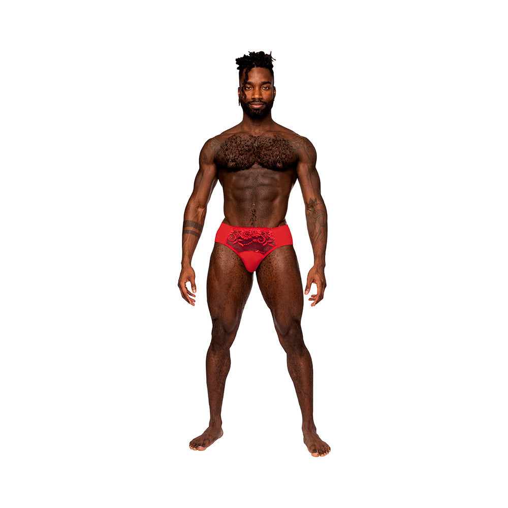 Male Power Sassy Lace Bikini Solid Pouch Red S - Fantasies Boutique