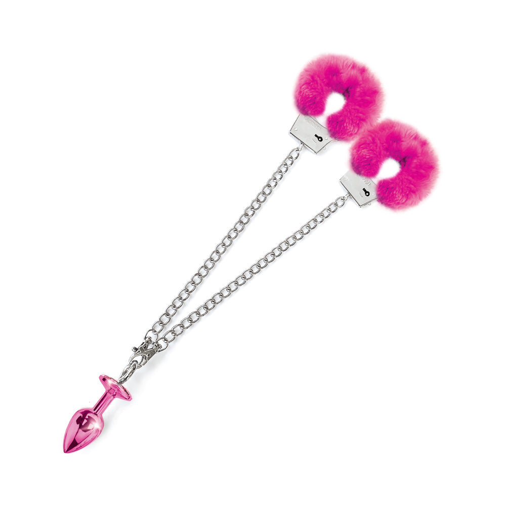 Nixie Metal Butt Plug & Furry Handcuff Set Medium Pink Metallic - Fantasies Boutique