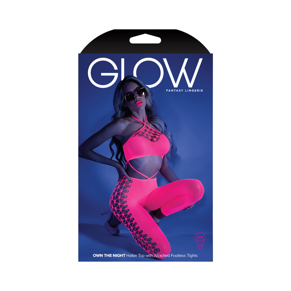 Fantasy Lingerie Glow Own The Night Cropped Cut-Out Halter Bodystocking Neon Pink O/S - Fantasies Boutique