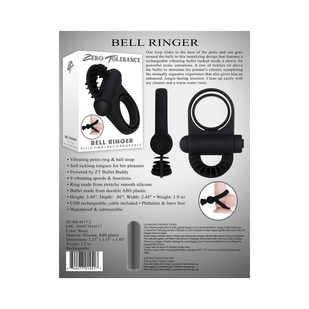 Zero Tolerance Bell Ringer Rechargeable Vibrating Flicking Silicone Cockring Black