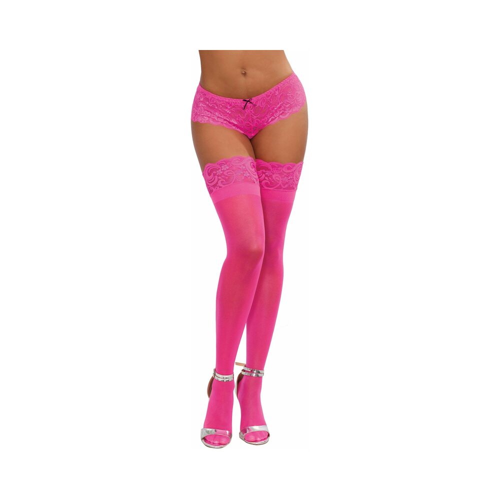 Dreamgirl Neon Pink Sheer Thigh-High Stockings With Silicone Lace Top Pink OS - Fantasies Boutique