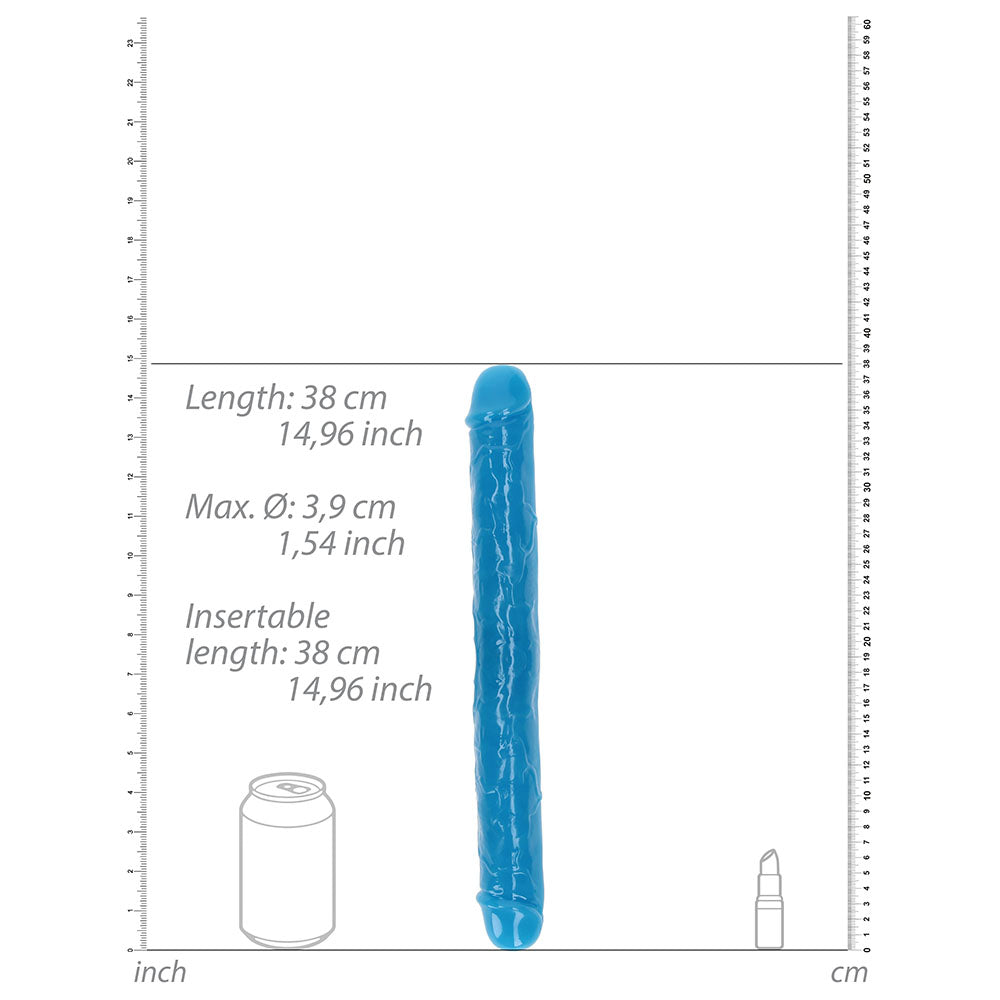 RealRock Glow in the Dark Double Dong 15 in. Dual-Ended Dildo Neon Blue - Fantasies Boutique