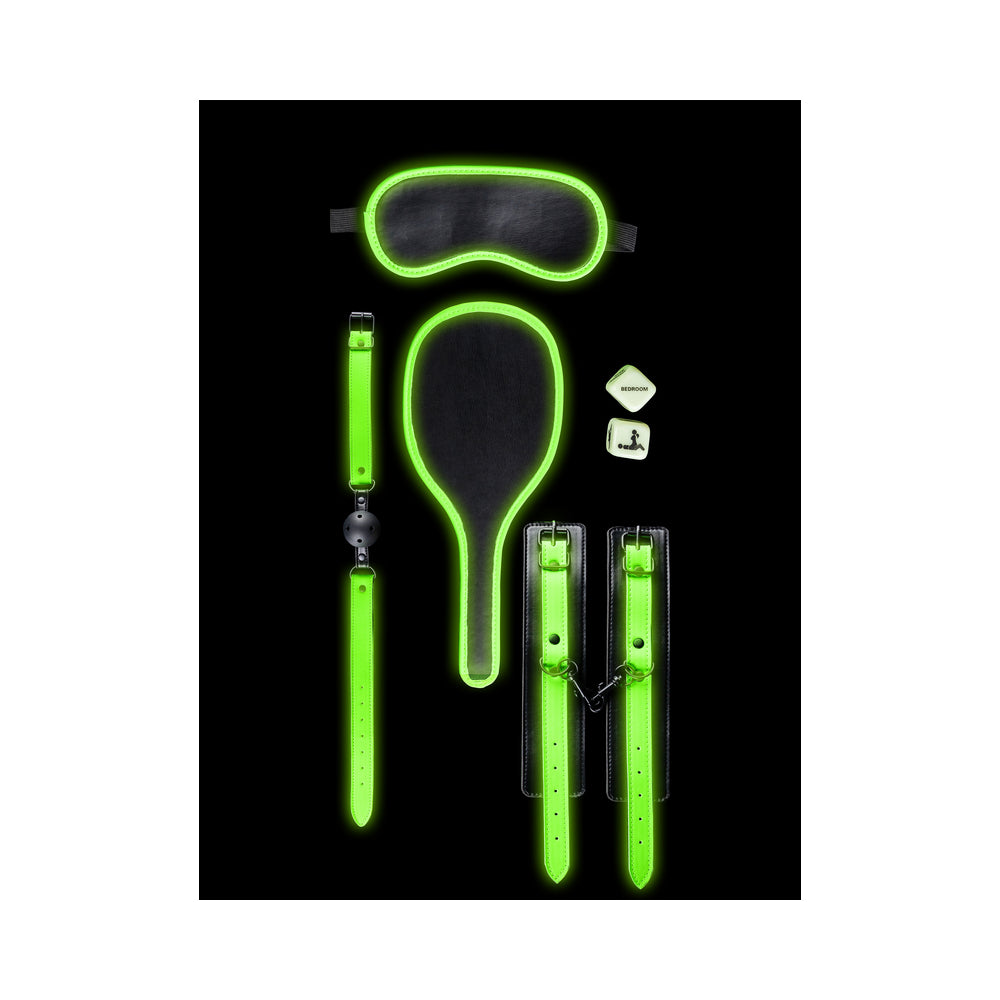 Ouch! Glow in the Dark 7-Piece Bondage Kit Neon Green - Fantasies Boutique