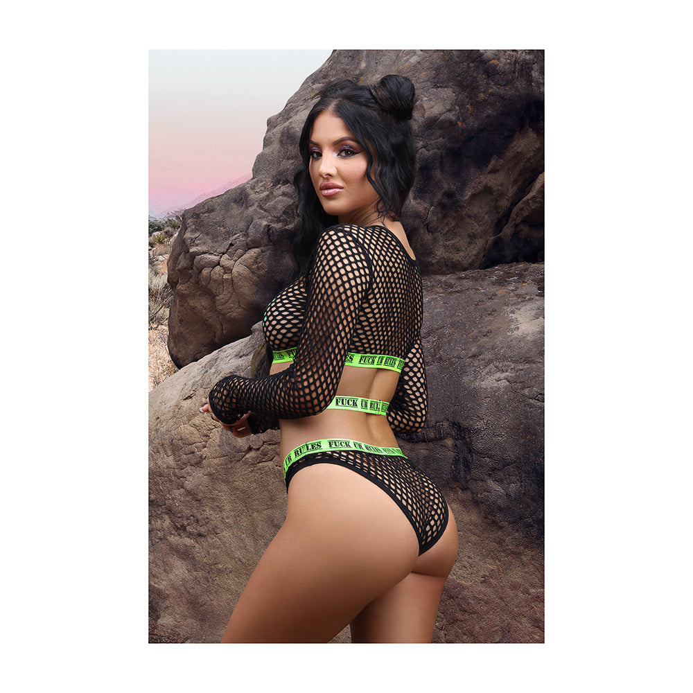 Fantasy Lingerie Vibes Fuck Ur Rules UV Reactive Longsleeve Fishnet Top, Panty, Pasties Black M/L - Fantasies Boutique