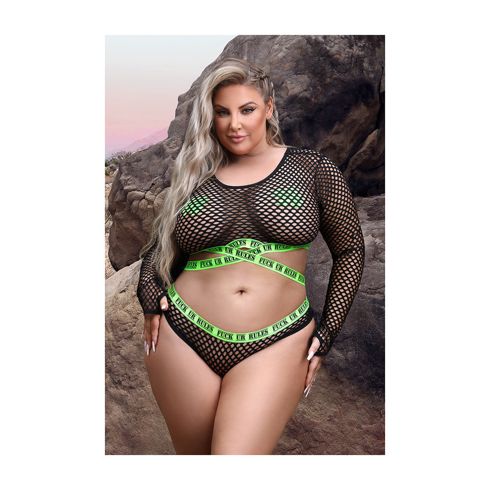 Vibes Fuck Ur Rules UV Reactive Longsleeve Fishnet Top, Panty, Pasties Black Queen - Fantasies Boutique
