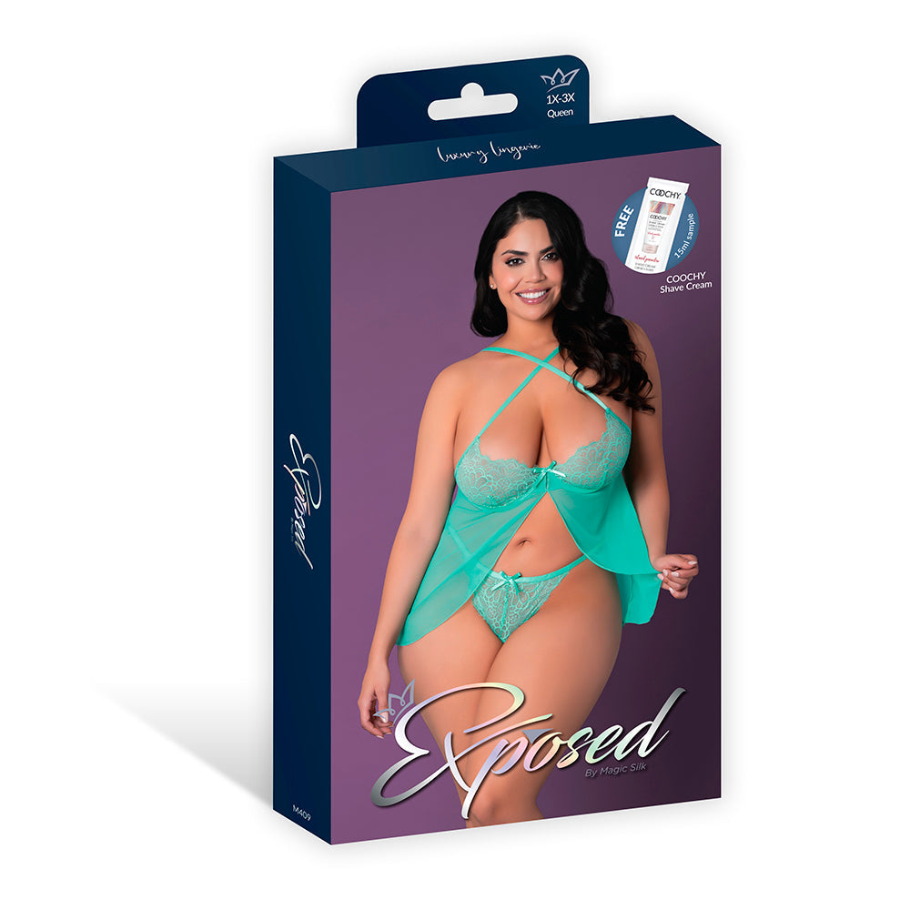 Magic Silk Caribbean Crush Flutter Babydoll & Thong Set Aqua Glow Queen Size