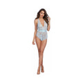 Dreamgirl Lace Romper With Eyelash Lace Trim and Open Back Blue Large Hanging