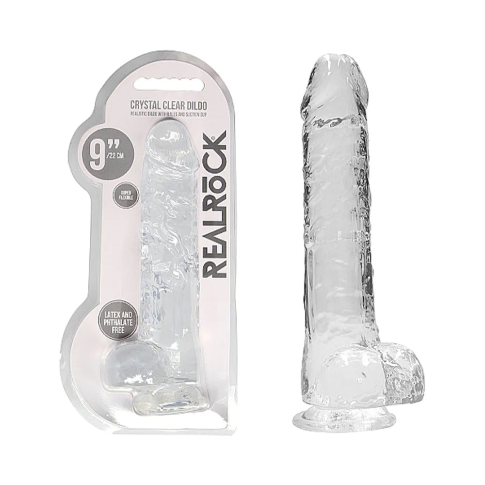 RealRock Crystal Clear Realistic 9 in. Dildo With Balls and Suction Cup Clear - Fantasies Boutique