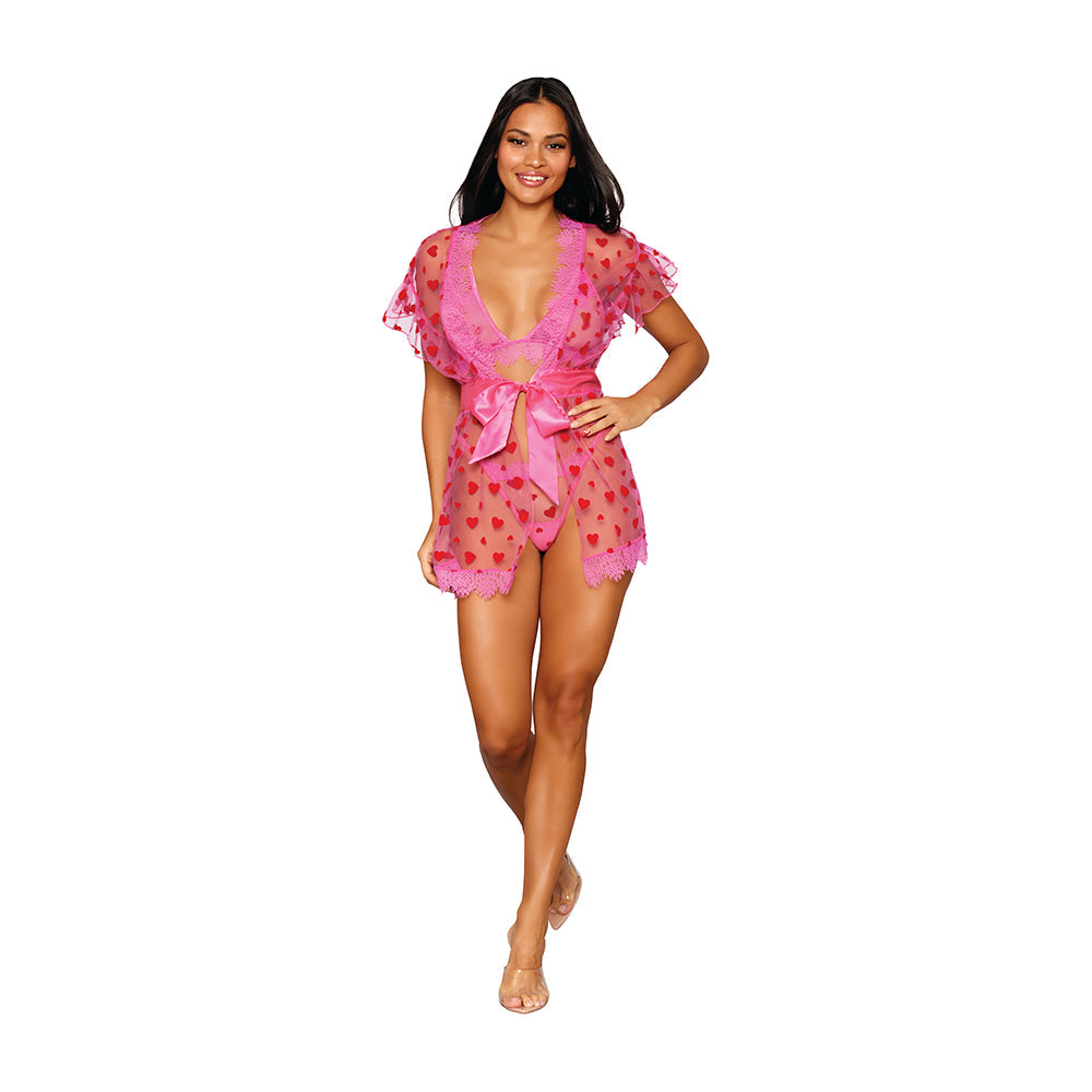 Dreamgirl Flocked Heart Mesh and Eyelash Lace Robe, Bralette, and G-string Set Peony XL - Fantasies Boutique