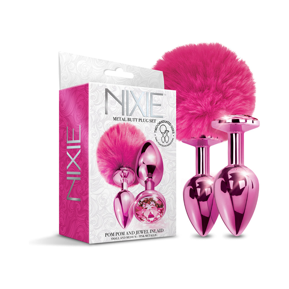 NIXIE Metal Butt Plug Set Pom Pom and Jewel-Inlaid Metallic Pink - Fantasies Boutique