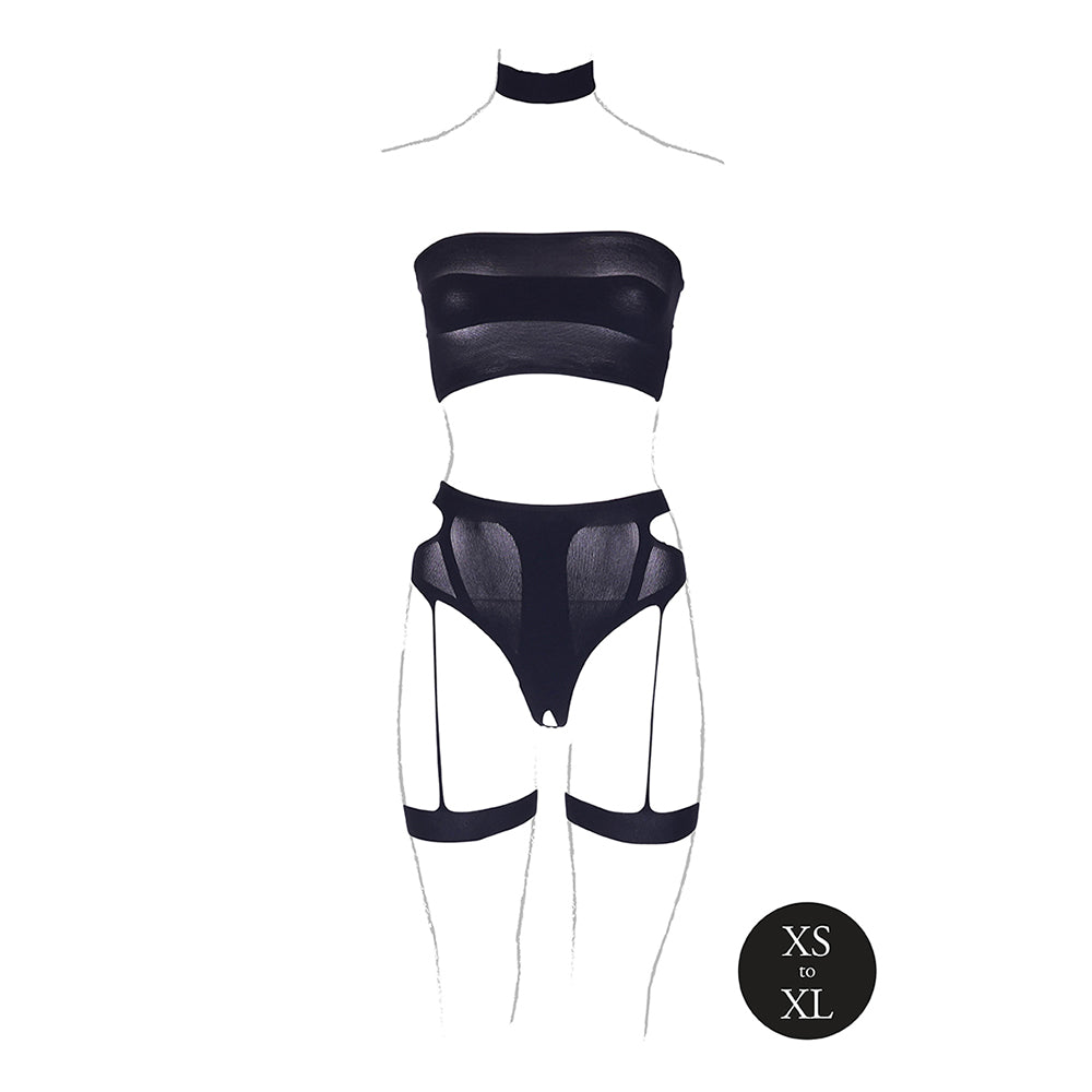 Le Desir Shade Ananke XII Choker, Bandeau Top & Panty with Garters Black O/S - Fantasies Boutique