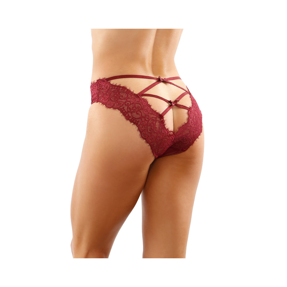 Ivy Lace Bikini Panty With Lattice Cut-Out Back Garnet S/M - Fantasies Boutique