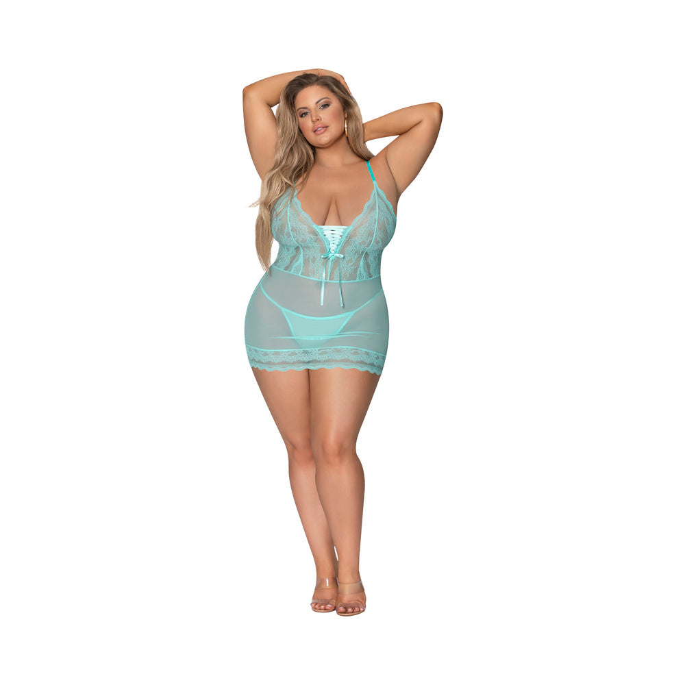 Magic Silk Seabreeze Lace-Up Chemise & G-String Turquoise Queen Size - Fantasies Boutique