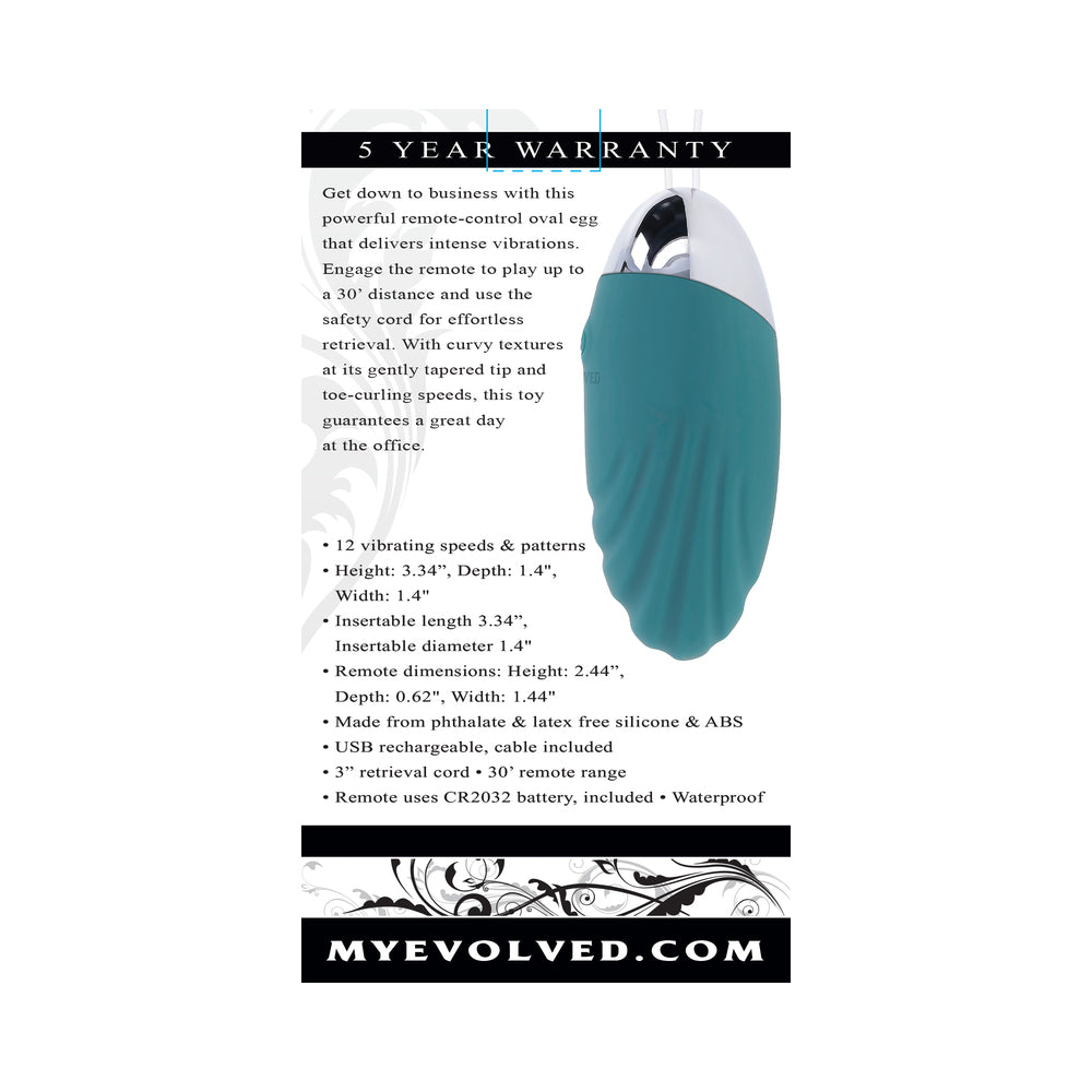 Evolved Oval Office Rechargeable Vibrating Egg with Remote Silicone Teal