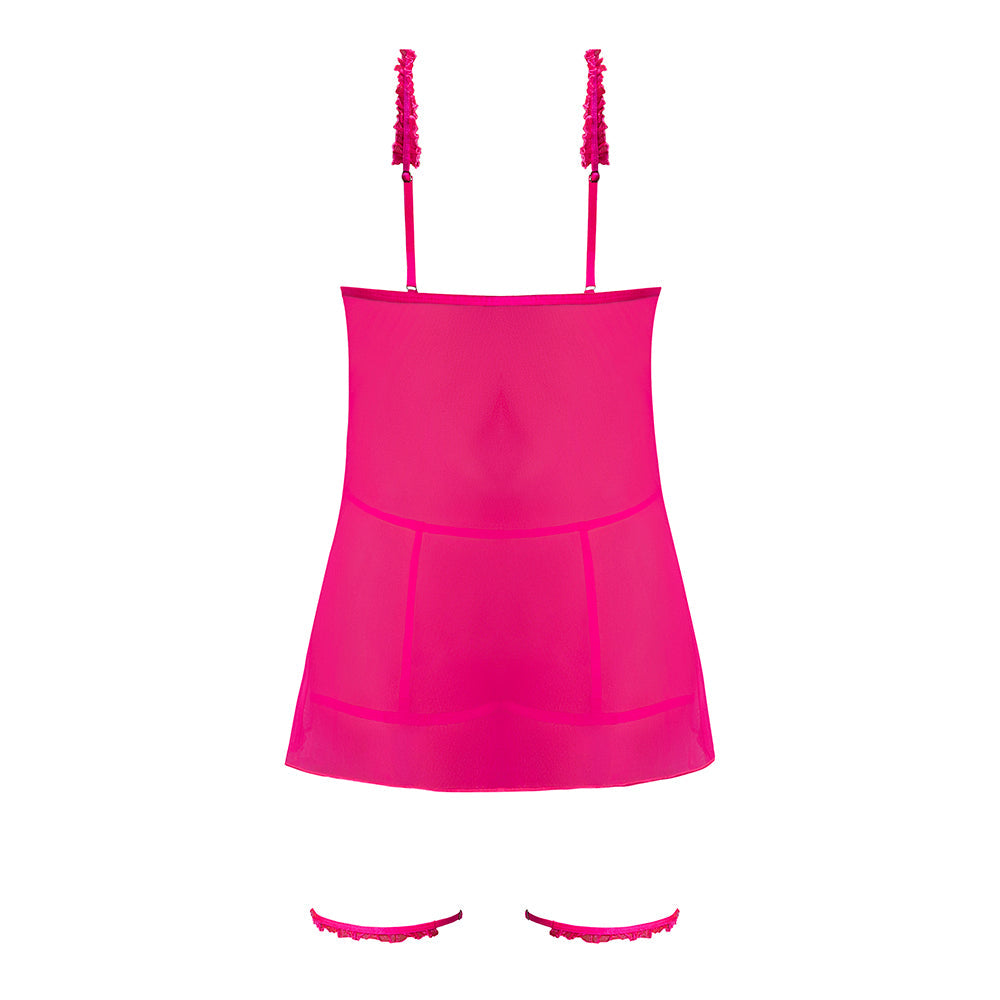 Magic Silk Pink Kink Cupless Babydoll, Harness Panty & Garter Cuffs Pink Glow Queen Size