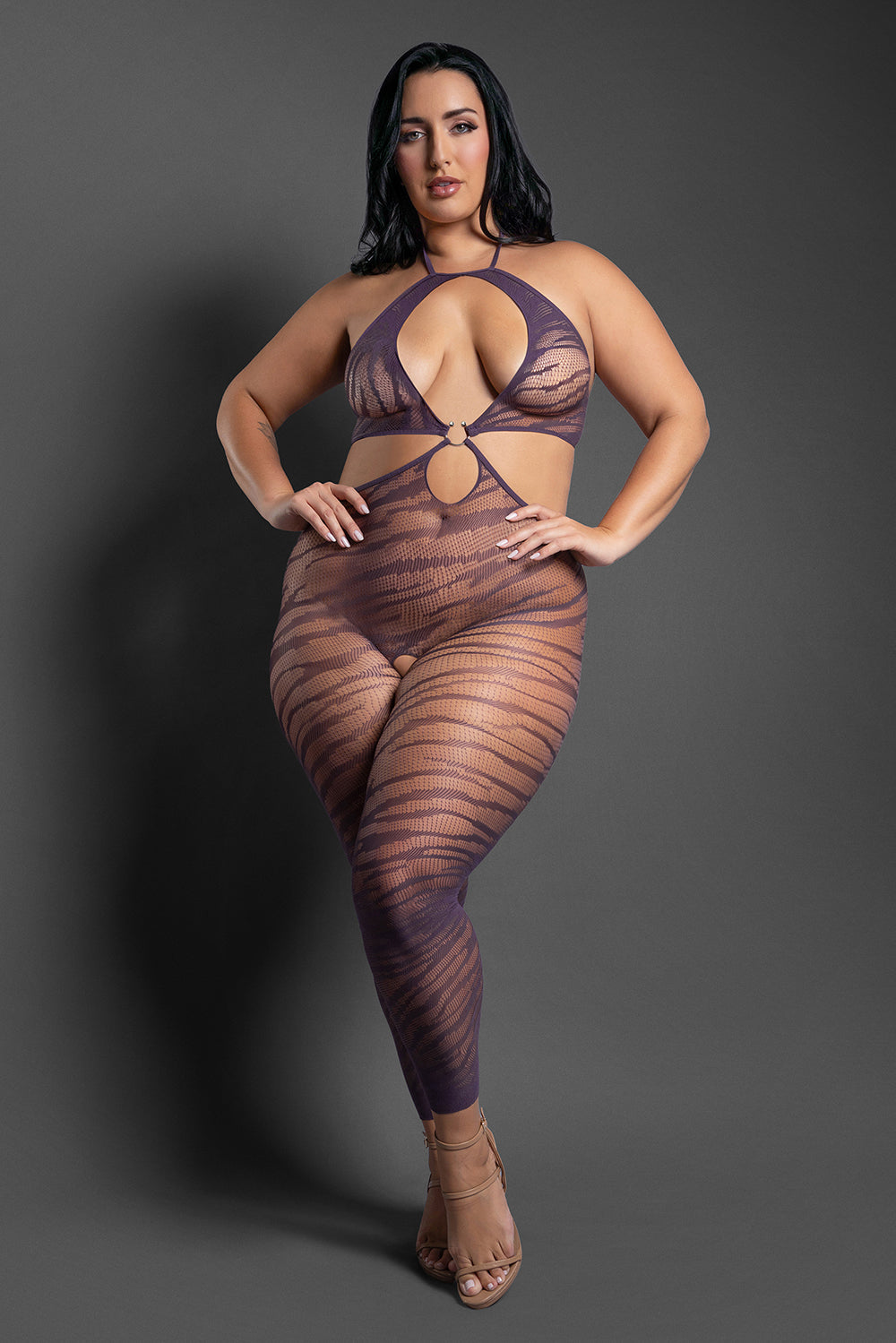 Fantasy Lingerie Sheer Set Me Free Footless Open-Crotch Halter Bodystocking Dark Purple Queen Size