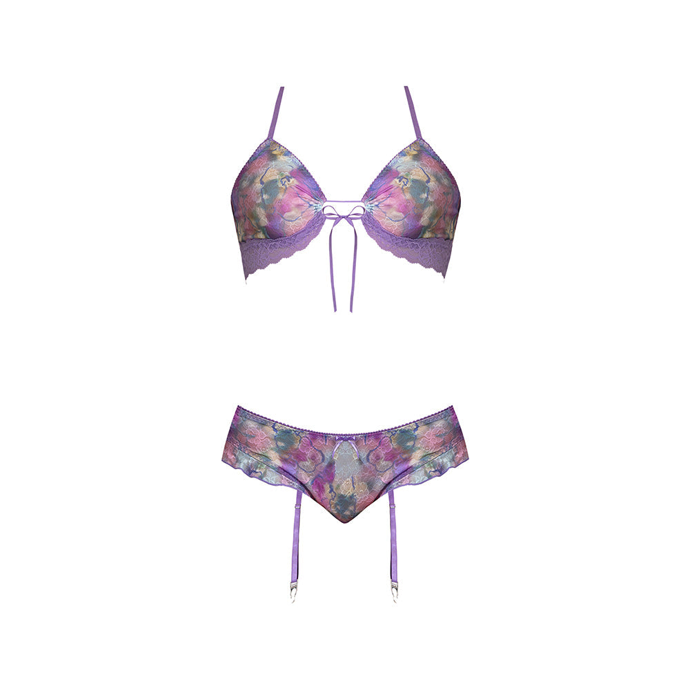 Magic Silk Wisteria Mist Bralette & Panty with Removable Garters Floral S/M