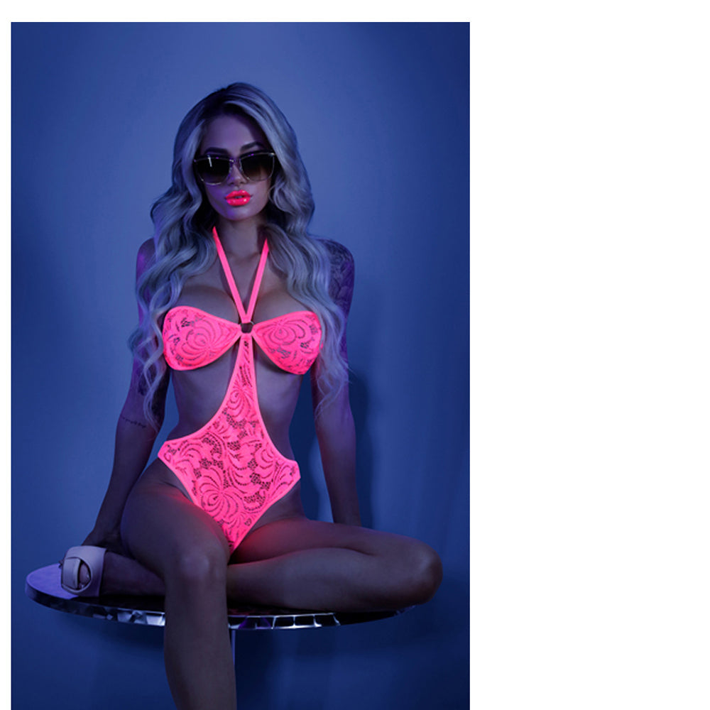 Fantasy Lingerie Glow Impress Me Lace Bodysuit With Open-Cage Back Neon Pink S/M - Fantasies Boutique