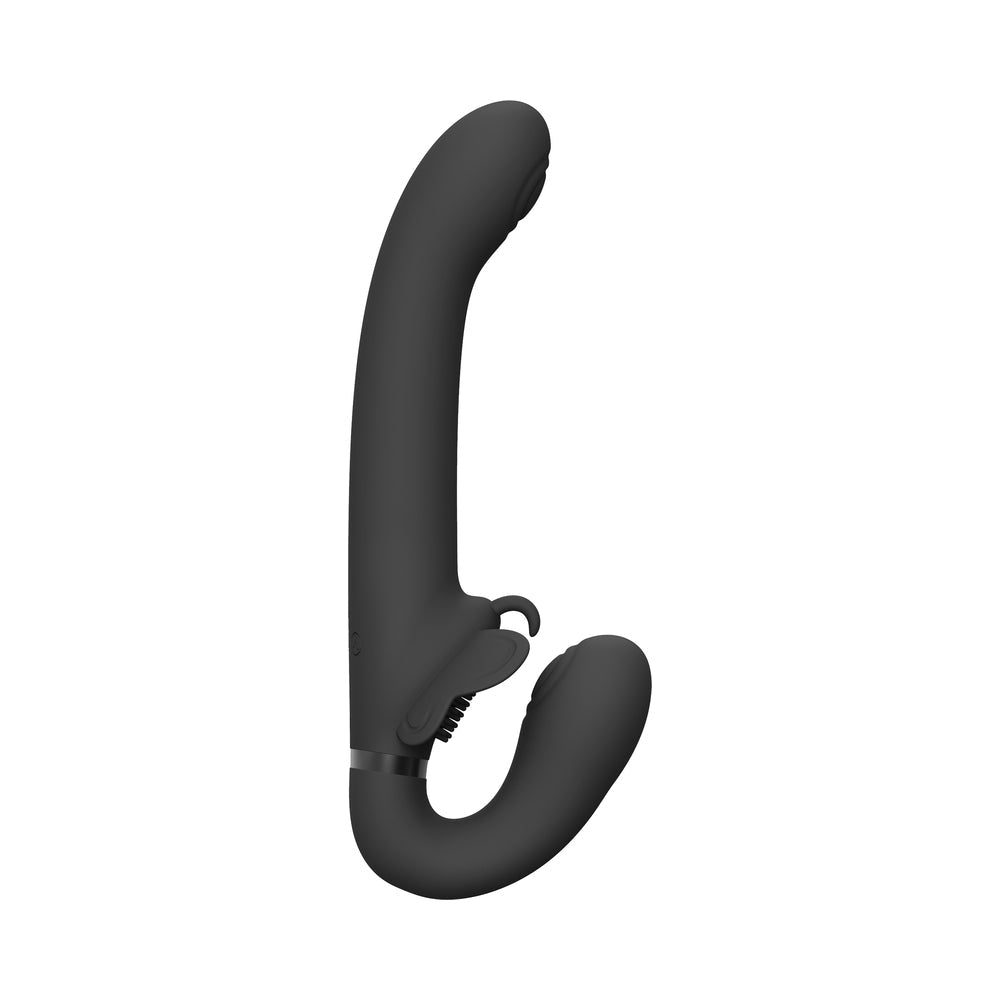 VIVE SATU Rechargeable Triple Motor Pulse-Wave Vibrating Silicone Strapless Strap-On Black - Fantasies Boutique