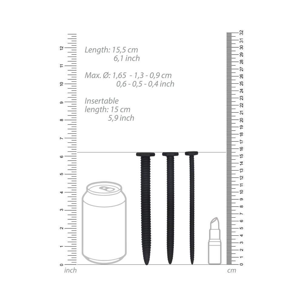 Ouch! Urethral Sounding Textured Silicone Screw Plug Set Black 9 mm / 13 mm / 16.5 mm