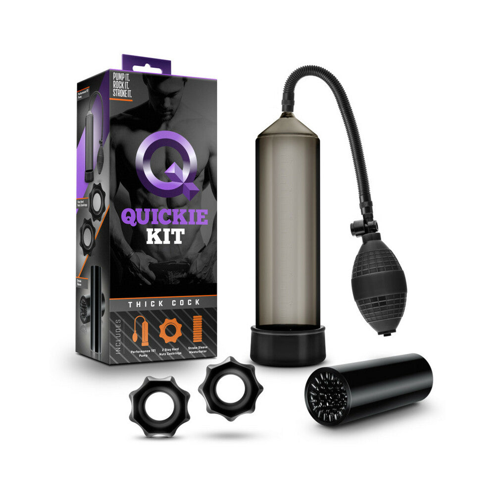 Quickie Kit Thick Cock Pump, Stroker & 2-Piece Cockring Set Black - Fantasies Boutique