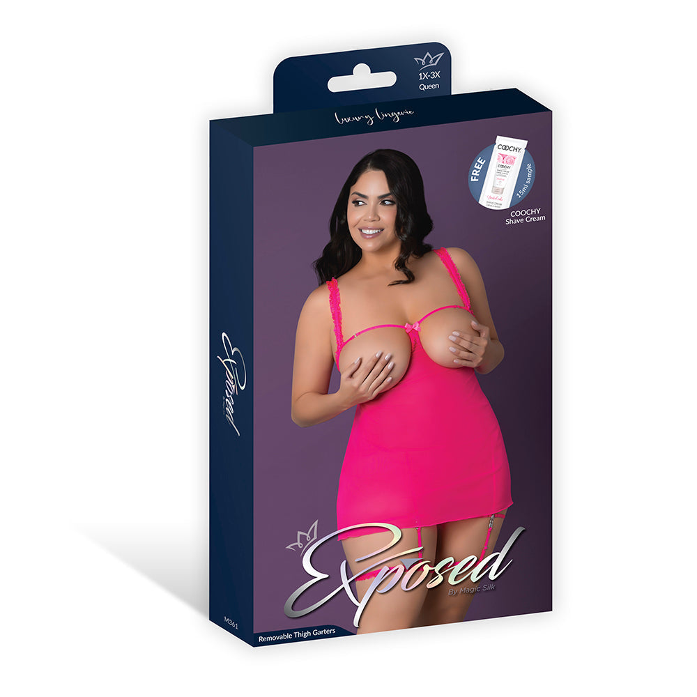 Magic Silk Pink Kink Cupless Babydoll, Harness Panty & Garter Cuffs Pink Glow Queen Size