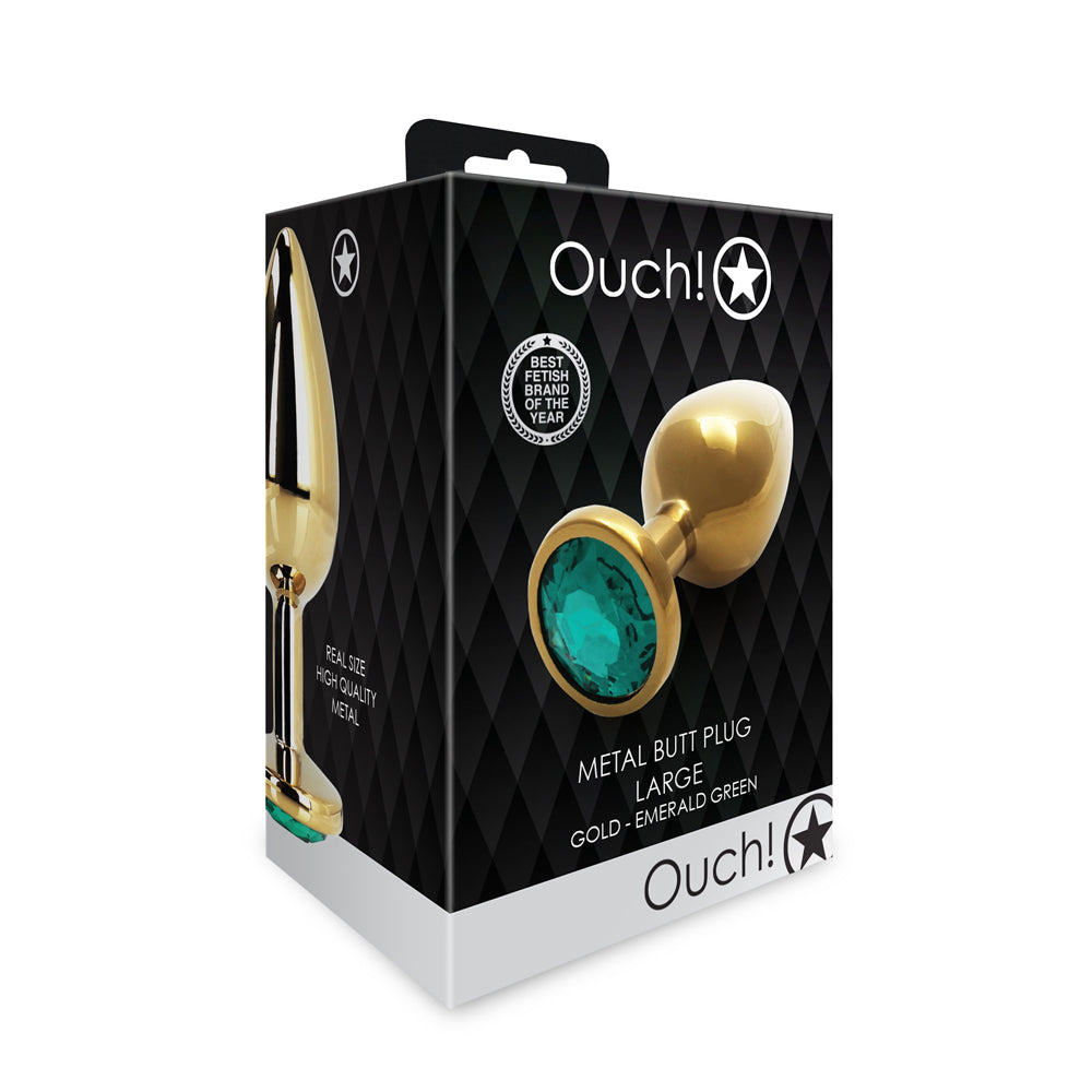 Shots Ouch! Round Gem Butt Plug Large Gold/Emerald Green - Fantasies Boutique