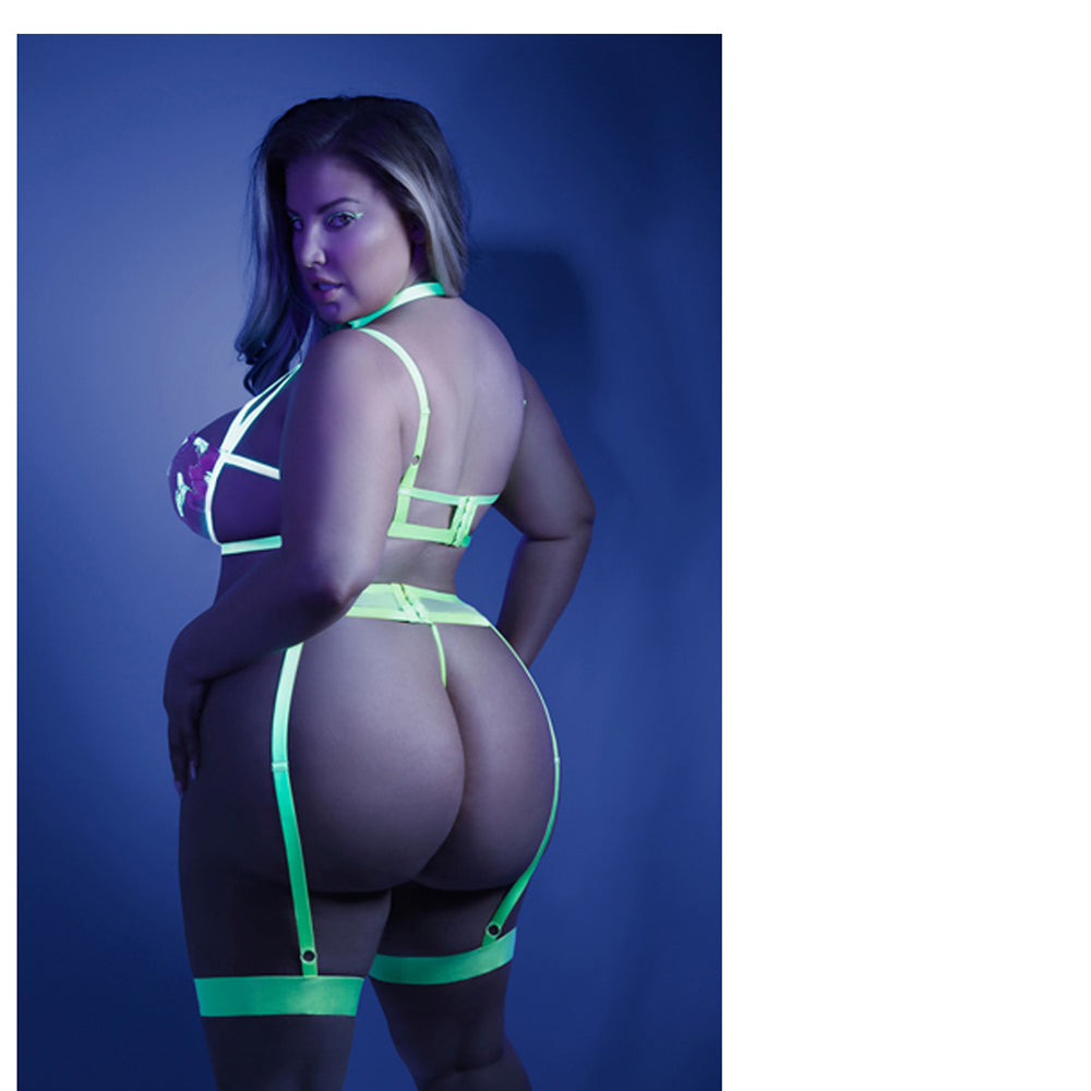 Fantasy Lingerie Glow In A Trance Harness Bra, Garter Belt Neon Chartreuse Queen - Fantasies Boutique