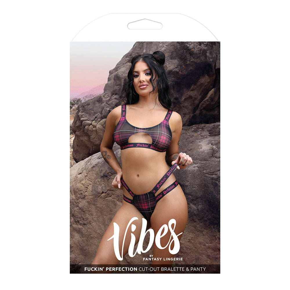 Fantasy Lingerie Vibes Fuckin' Perfection Plaid Mesh Cut Out Bralette & Panty Black S/M - Fantasies Boutique