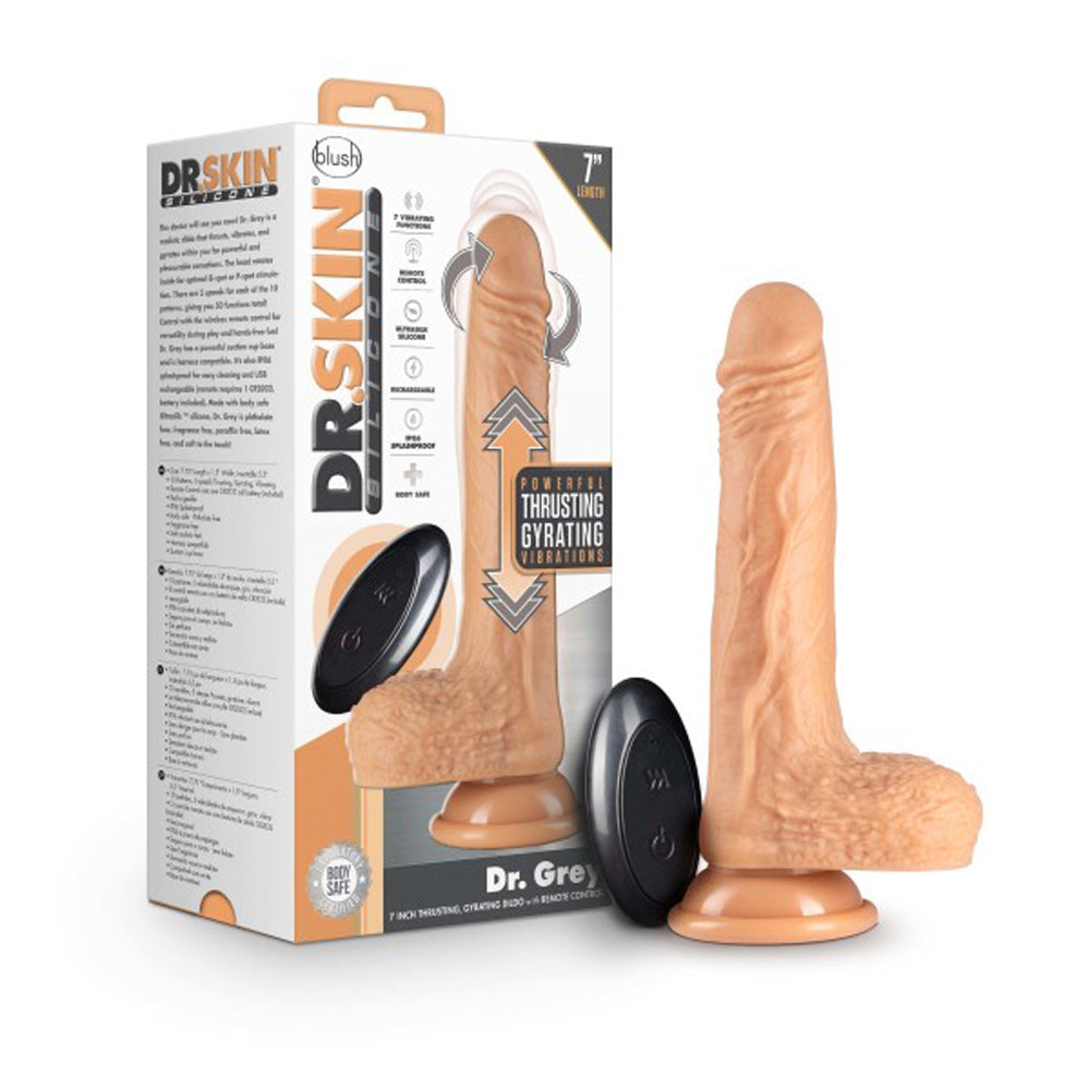 Dr. Skin Dr. Grey Remote-Controlled 7 in. Thumping Dildo with Balls Beige - Fantasies Boutique