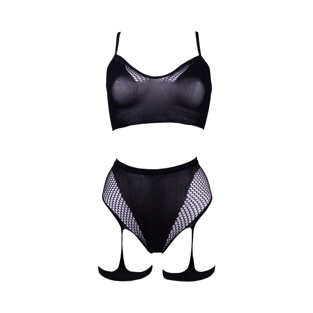 Le Desir Bliss 2-Piece Fishnet Bra & Gartered Panty Set Black O/S - Fantasies Boutique