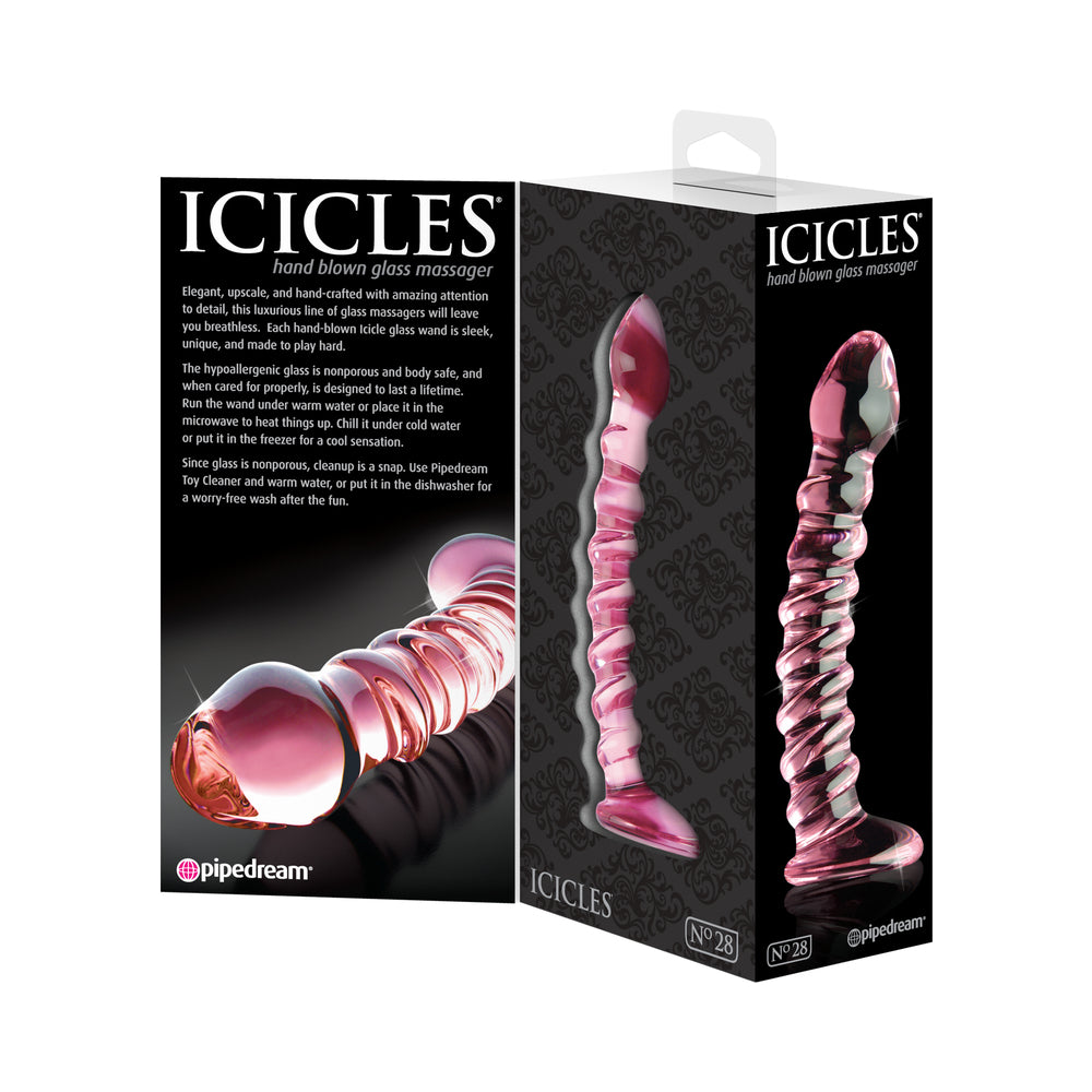 Pipedream Icicles No. 28 Curved Ribbed 7.25 in. Glass Dildo Pink - Fantasies Boutique