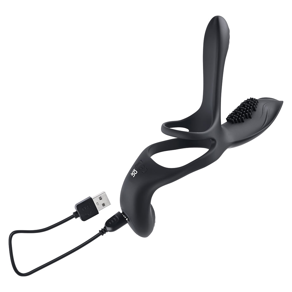 Playboy The 3 Way Rechargeable Remote Controlled Vibrating Silicone Cockring with Stimulator Black - Fantasies Boutique