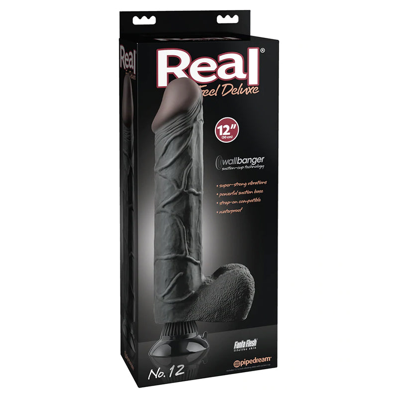 Real Feel Deluxe No. 12 Realistic 12 in. Vibrating Dildo With Balls and Suction Cup Black - Fantasies Boutique