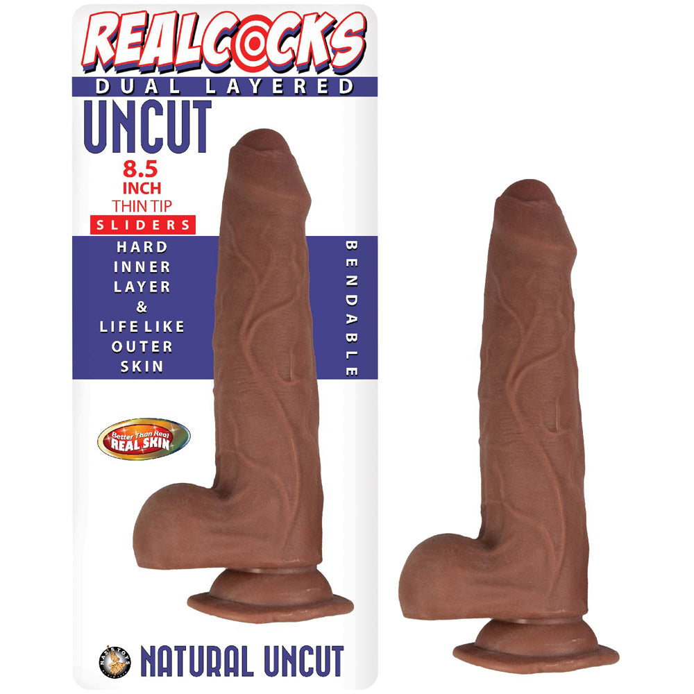 Realcocks Dual Layered Uncut Slider Thin Tip 8.5 in. Brown - Fantasies Boutique