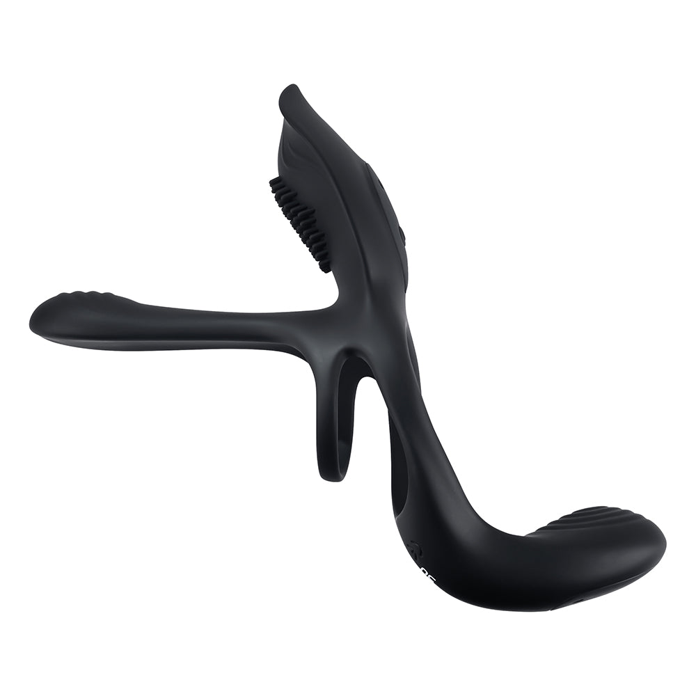 Playboy The 3 Way Rechargeable Remote Controlled Vibrating Silicone Cockring with Stimulator Black - Fantasies Boutique