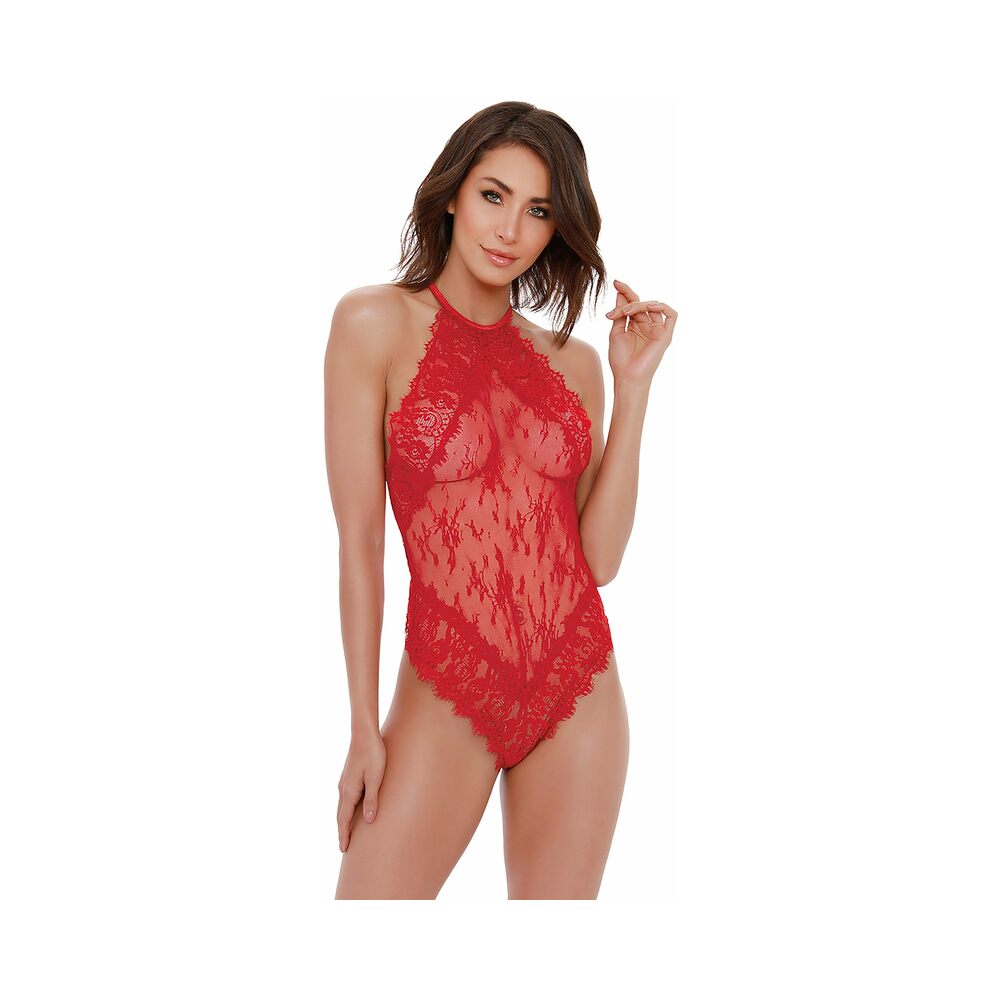 Dreamgirl Eyelash Lace Halter Teddy With High Tie-Neck Closure & Snap Crotch Red Large Hanging - Fantasies Boutique