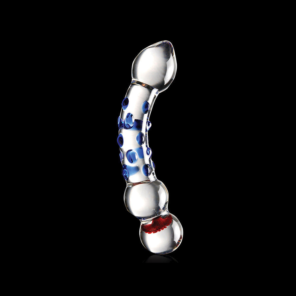 Icicles No. 18 Curved Textured 7.5 in. Glass Dildo Blue/Red/Clear - Fantasies Boutique