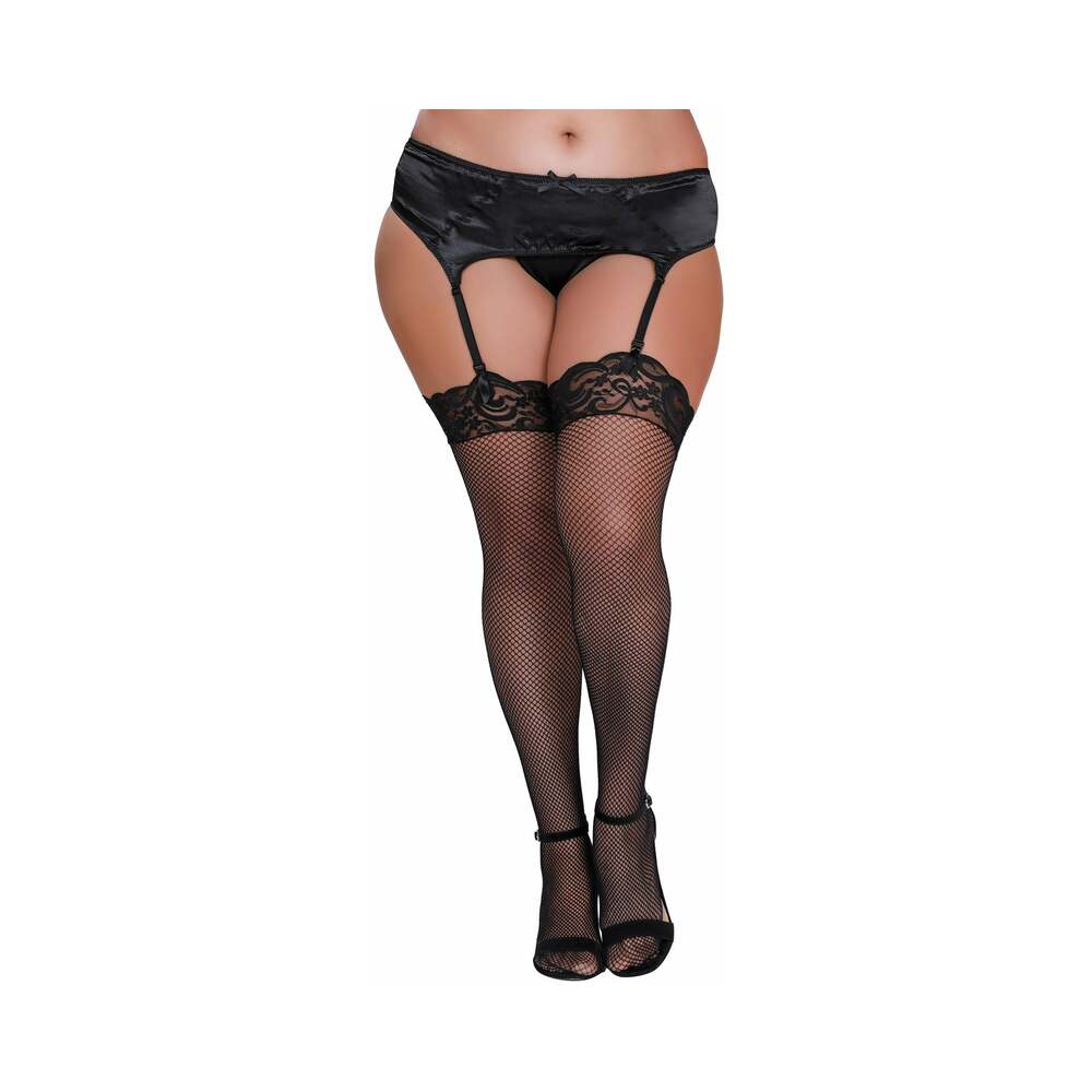 Dreamgirl Plus-Size Fishnet Thigh-High Stockings With Lace Top Black Queen - Fantasies Boutique