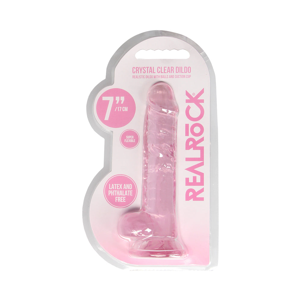 RealRock Crystal Clear Realistic 7 in. Dildo With Balls and Suction Cup Pink - Fantasies Boutique