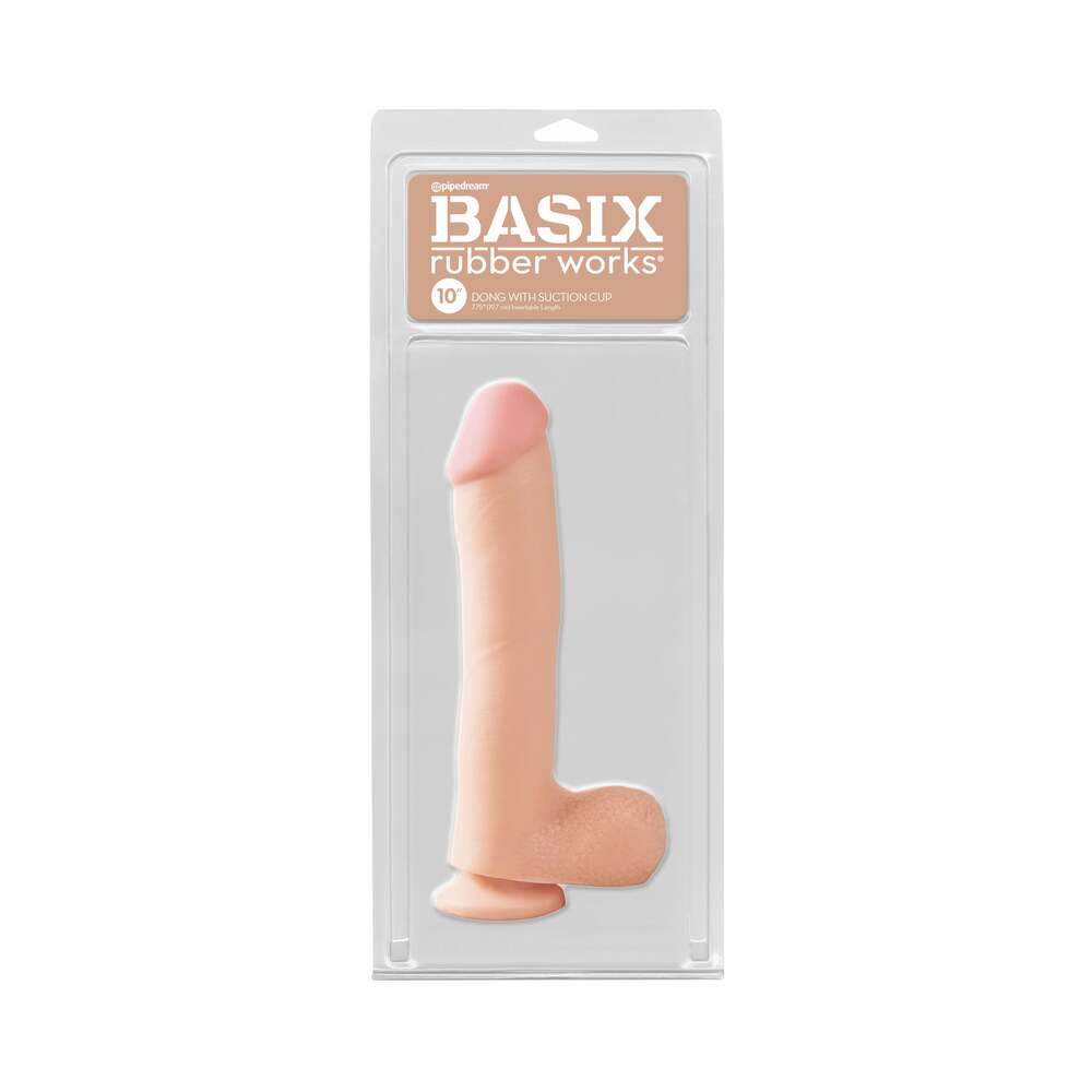 Basix Rubber Works 10 in. Dong With Balls & Suction Cup Beige - Fantasies Boutique