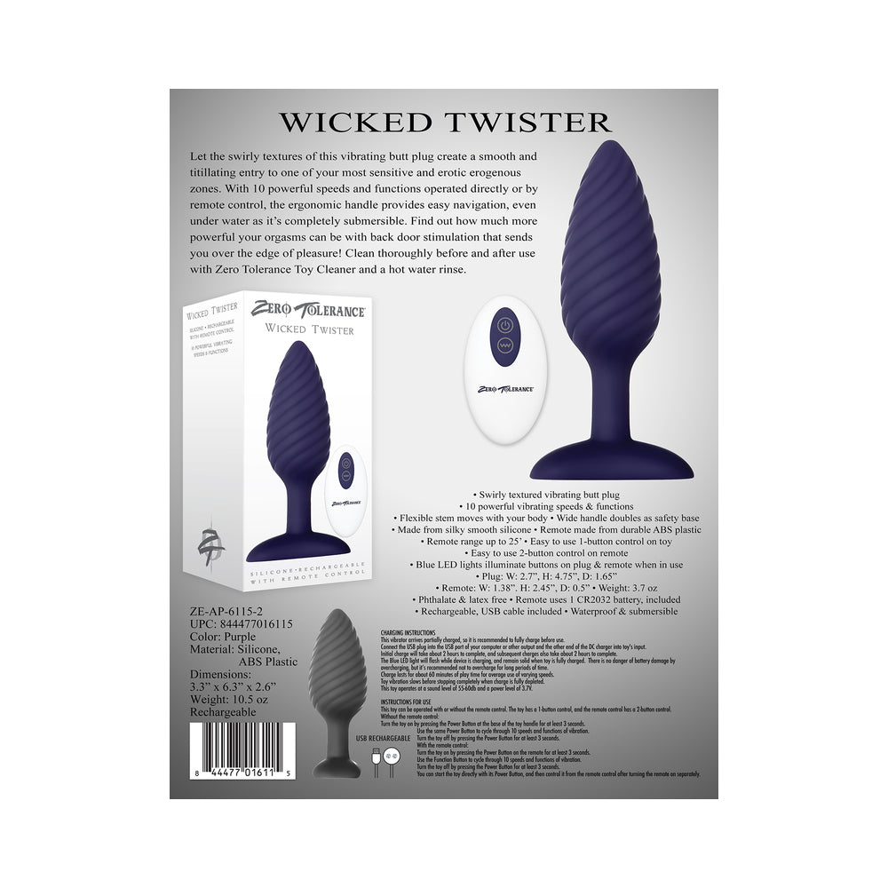 Zero Tolerance Wicked Twister Textured Vibrating Silicone Anal Plug Purple - Fantasies Boutique