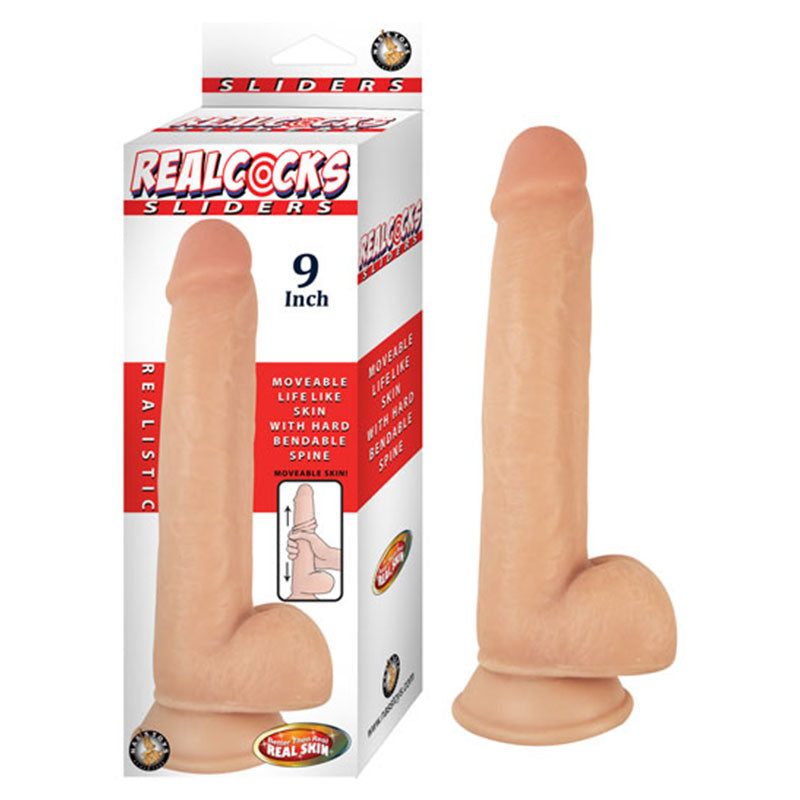 Realcocks Sliders 9in Moveable Skin Bendable Harness Compatible Suction Cup Base Flesh - Fantasies Boutique